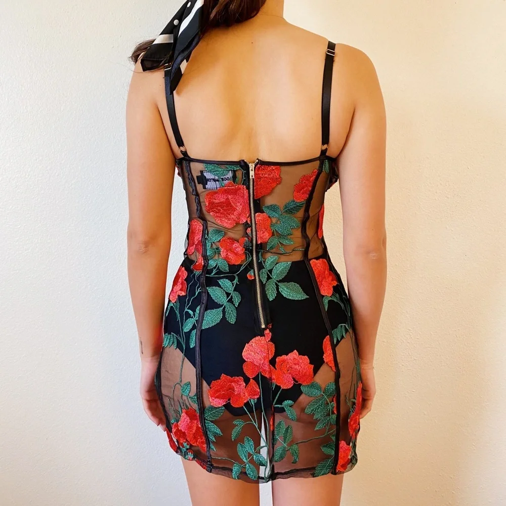 Floral Embroidered Black Mini Dress with Red Roses - Picture 5 of 7